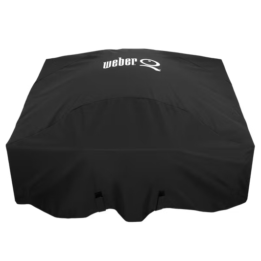 Black grill cover with Weber logo on a white background