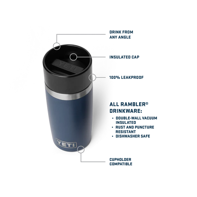 Blue 12oz Travel YETI tumbler with features highlighted