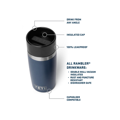 Blue 12oz Travel YETI tumbler with features highlighted