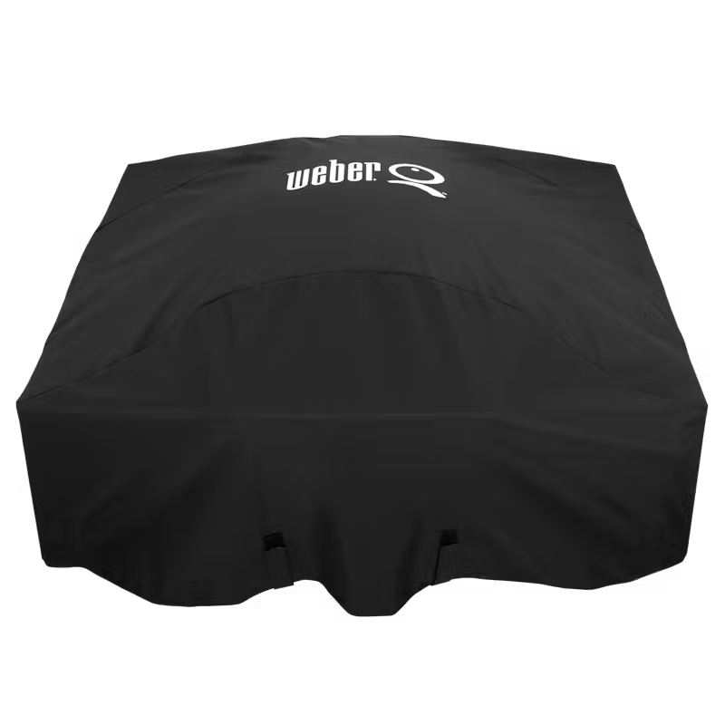 Black grill cover with Weber logo on a white background