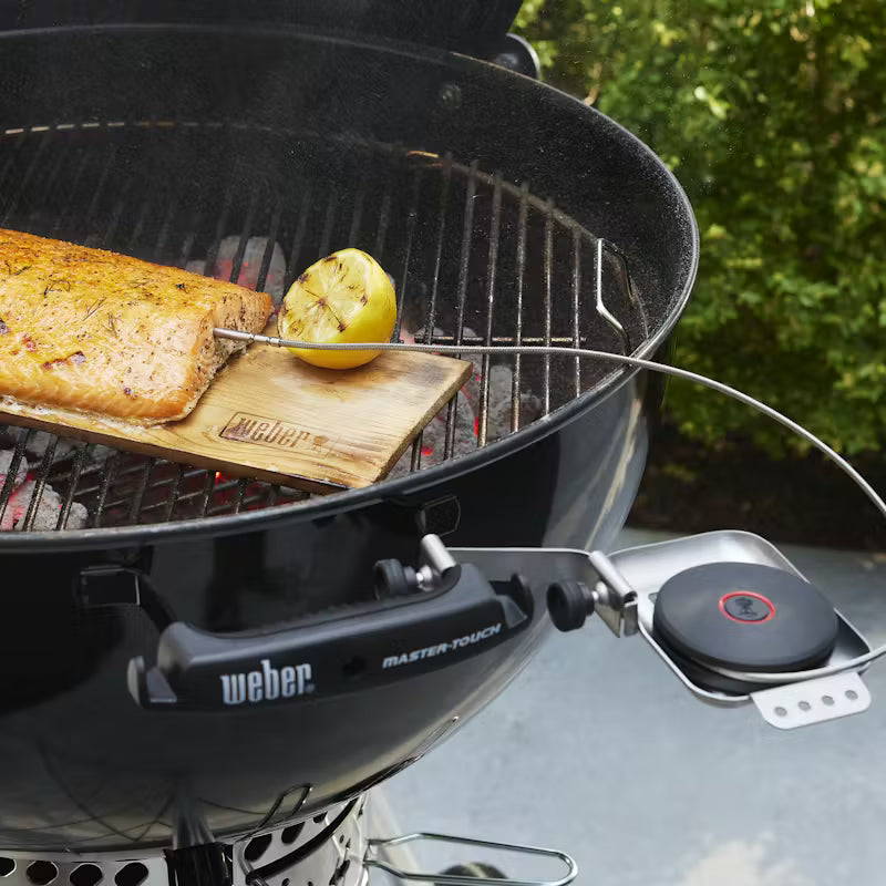 Weber Smart Probe poked into salmon while it is cooking on the grill